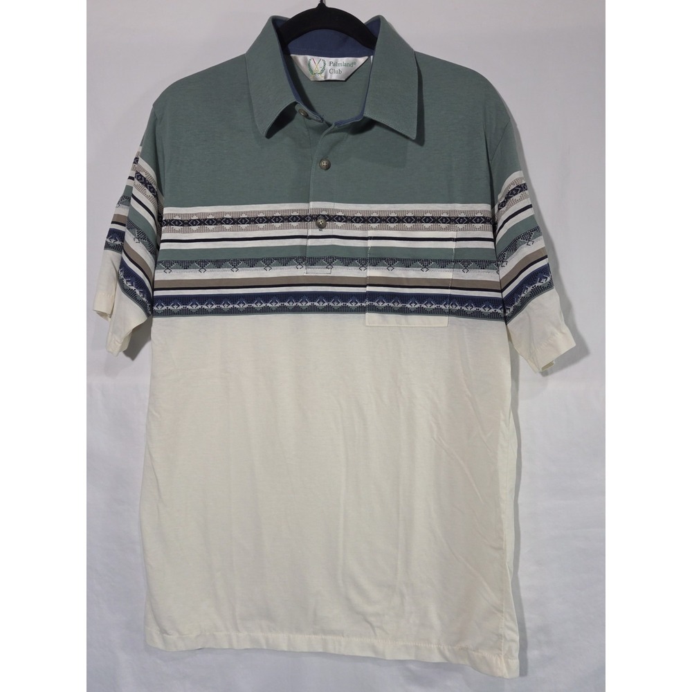 Palmland Club‎ Polo Shirt Men Medium Green Cream Geometric Stripe Grandpacore